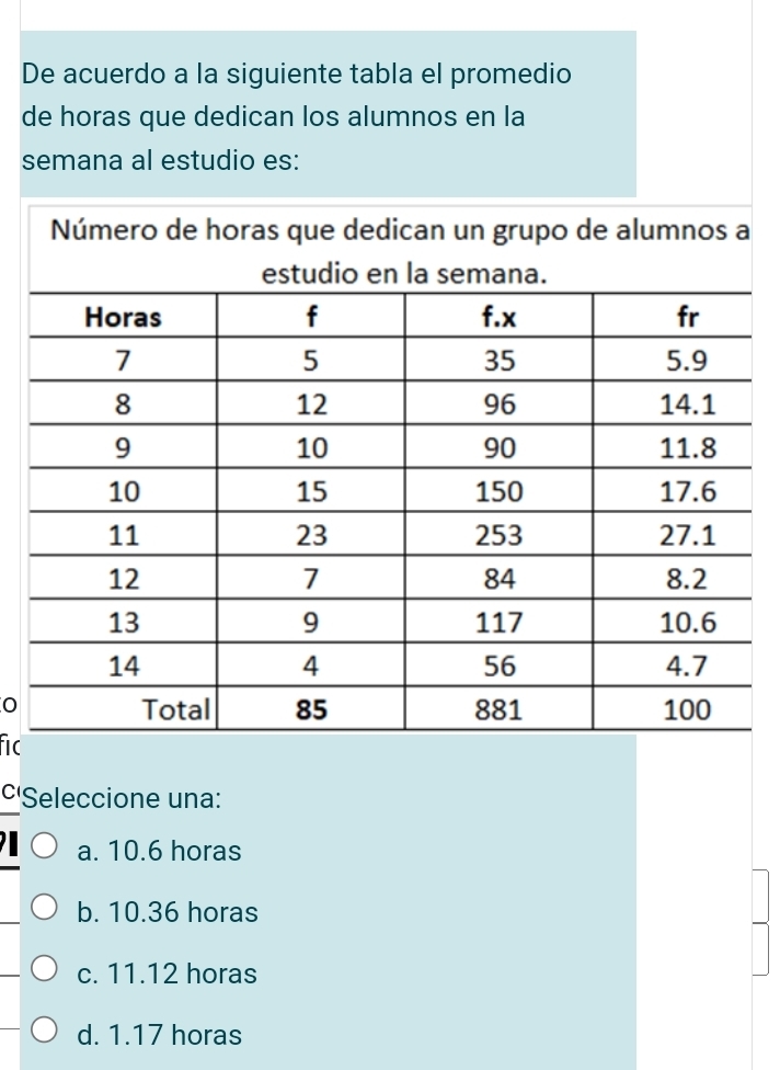 De acuerdo a la siguiente tabla el promedio
de horas que dedican los alumnos en la
semana al estudio es:
0
fic
c'Seleccione una:
a. 10.6 horas
b. 10.36 horas
c. 11.12 horas
d. 1.17 horas