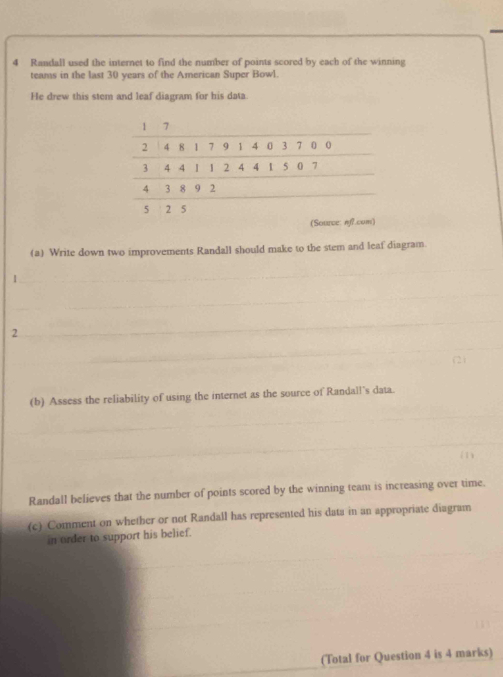 Randall used the internet to find the number of points scored by each of the winning 
teams in the last 30 years of the American Super Bowl. 
He drew this stem and leaf diagram for his data. 
(a) Write down two improvements Randall should make to the stem and leaf diagram. 
1 
2 
(b) Assess the reliability of using the internet as the source of Randall's data. 
(1 
Randall believes that the number of points scored by the winning team is increasing over time. 
(c) Comment on whether or not Randall has represented his data in an appropriate diagram 
in order to support his belief. 
(Total for Question 4 is 4 marks)