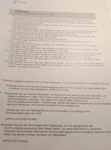 ffr te n e t  
Senge W par Wonseshichte WW 1068
Dee Eigenterm wath in wnem Quarten. Der Gumen ist gron. Dvrch men Gaan fen an thech, in
anseh oee fonte. Ds wine de tnde wen boch  e  T     n 
he. s sachare watle. ts bc hch D ter. Ihe stuen but rowm acvitty. Dws keers Kind want. Dws grters 199 wo tin Sosthen
pols Cem Haut Witt ain Manw, or sagt, war brust, hommt ron. Er geht ine das Hous titoe
Die Too tm hinter Vn su    s   e r e  sn e      
Der Mann erschent wader in der Haustur. Er segt, komm rn. His wird's lnd. Du kommat
1n, Nis. Was anast, womme man, Komm rin. Der Mann geht Noein. the Ture v9068
Tn Ot kalhere kind halt die fc hnur des Bchitions fest. Es schluch i
Der Mann of et die Hauistor, ty sagt, du danst Schitten fahren, wher night bruten. We
becat, kornm ren, Ja, Ja, Jans, Berd ss jetzt
Dus größfere Kind sagt, Andreas will immer allein fahren
7 Er maght die Tor z0 Der Marn sagt, wer brust, kommt rin. Ob er nun Andreas he ilt, oder sonst we
quietscht, jauit, quenget. Das größere Kind nimmit dem kleineren den Schlitten weg. Das kleinans Kind schluchrt
Der Mann titt aus dern Haus. Das größers Kind gibt dem kleineren den Schlen zurlick
Das kainere Kind seudt sich auf den Schitten. Es rodei
20 Der Mann sient in den Himmel. Der Himmel ist blau. Die Sonns ist g1oß und rot. Es ist lost.
Der Marn pfent laut. Er geht wieder ins Haus zurück. Er micht die für ninfer sich zu
Das größßere Kind ruft. Vati, Vati, Vati, Andreas gibt den Schlitten Ficht mehr her.
Die Tür geht zu. Die Haustär gent auf. Der Mann steckt den Kopf heraus. Er son was brim komm min
25 Das größere Kind ruft, Vati, Vati, Valivalivati, Vaaalii, jetzl iet Andress in den Bach gefallen.
Die Haustur of net sich einen Spalt breit. Eine Mannerstimme wl, wie off soll ich das noch
sagen, wer brüllt, kommt rein.
Folgende Aufgaben beziehen sich auf den angefügten Text „Schlittenfahren'' von Heiga M. Novak.
1. Verfassen Sie für Ihre Kommunikationsanalyse einen Einleitungssatz und beschreiben den
situativen Kontext des Gesprächs. (AFB 1/30 Punkte)
2. Analysieren Sie am Text die Absichten und Wünsche des Vaters sowie sein Verhalten, um
diese zu erreichen, Legen Sie in Ihren Ausführungen einen Schwerpunkt auf die
kommunikativen Lösungen des Vaters und setzen dabei Absicht und
(Kommunikations)verhalten in Beziehung. Gehen Sie dabei entsprechend auf die Begriffe
der symmetrischen und komplementären Kommunikation ein.
Verwenden Sie die Fachbegriffe zur Kommunikation und belegen ihre
Schiussfolgerungen am Text!
(AFB II und III/50 Punkte)
Bewerten Sie auf der Grundlage Ihrer Ergebnisse, für wie geeignet Sie die
Kommunikationsversuche des Vaters halten, um seine Absichten zu erreichen.
Erläutern Sie konkrete Alternativen für eine gelingende Kommunikation zwischen den
Vater und seinen Kinder anhand von Beispielen.
(AFB III/20 Punkte)