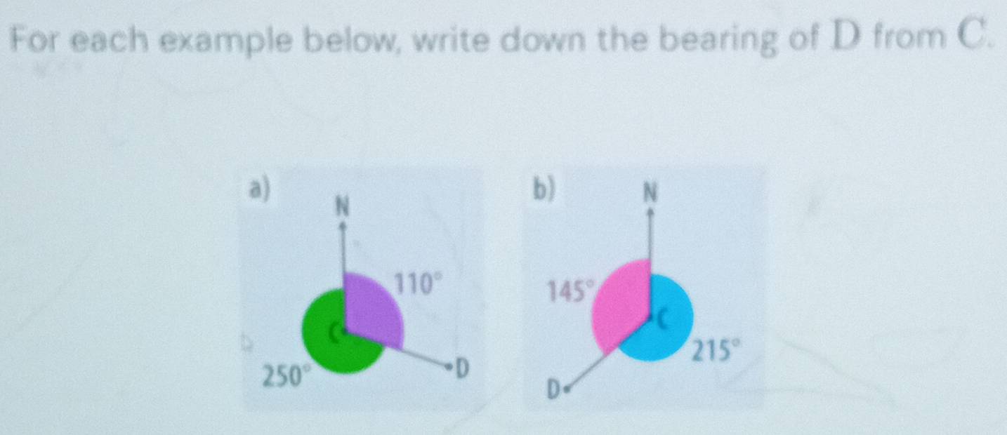 Solved: For each example below, write down the bearing of D from C. a ...