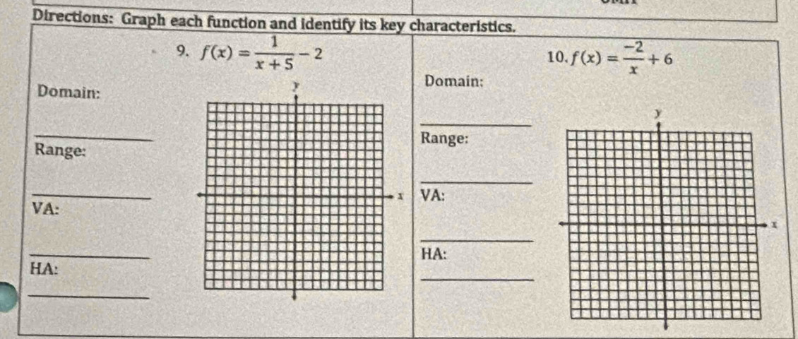 Directions: Graph each function and identify its key characteristics. 
9. f(x)= 1/x+5 -2
10. f(x)= (-2)/x +6
Domain: 
_ 
Domain: 
_ 
Range: 
Range: 
_ 
_VA:VA: 
_ 
_ 
HA: 
_ 
HA: 
_