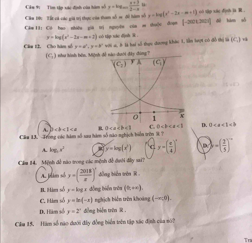 Tìm tập xác định của hàm số y=log _2021 (x+3)/2-x  là:
Câu 10: Tất cả các giá trị thực của tham số m đề hàm số y=log (x^2-2x-m+1) có tập xác định là R ，
Câu I1: Có bao nhiêu giá trị nguyên của m thuộc đoạn [-2021;2021] đé hàm số
y=log (x^2-2x-m+2) có tập xác định R .
Câu 12. Cho hàm số y=a^x,y=b^x với a, b là hai số thực dương khác 1, lần lượt có đồ thị là (C_1) và
(C_2) như hình bên. Mệnh đề nào dưới đây đúng?
A. 0 B. 0<1</tex> C. 0<1</tex> D. 0
Câu 13.  Trong các hàm số sau hàm số nào nghịch biến trên R ?
A. log _3x^2 y=log (x^3) C. y=( e/4 )^x D. y=( 2/5 )^-x
B.
Câu 14. Mệnh đề nào trong các mệnh đề dưới đây sai?
A. Hàm số y=( 2018/π  )^x đồng biến trên R .
B. Hàm số y=log x đồng biến trên (0;+∈fty ).
C. Hàm số y=ln (-x) nghịch biến trên khoảng (-∈fty ;0).
D. Hàm số y=2^x đồng biến trên R .
Câu 15. Hàm số nào dưới đây đồng biến trên tập xác định của nó?
Tra