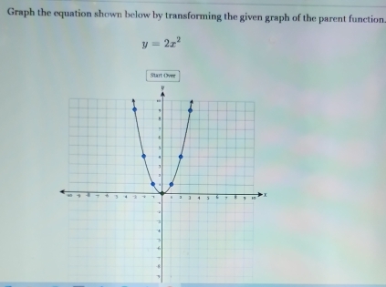 Graph the equation shown below by transforming the given graph of the parent function
y=2x^2
Start Over
7