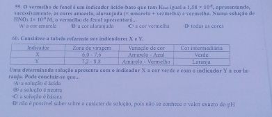 vermelho de fenoê é um indicador ácido base que tem Kaa igual a 1, SB=10^(-8), 
sucessivamente, as corcs amarefa, alaraniada (= amarefa + vermelha) e vermelha. Numa solução de apresentande
HNO_21* 10^(-4)M , o vermelho de fenol apresentará... ⑱ a coe alaranjada )C a cor vermelha (D) todas as cores
"A" a cor amarela
60. Consídere a tabcia referente aos indicadores X e Y
Uma determinada solução apresenta com o indicador X a cor verde e com o indicador Y a cor la-
ranja. Pode concluir-se que... A' a sulução é ácida
(B) a solução é neutra * a solução é básies
C
não é possível saher sobre o carácter da solução, pois não se comhece o valor exacto do pH