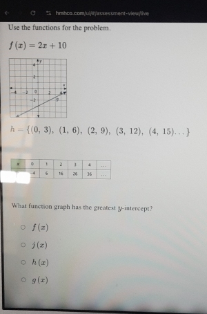 Use the functions for the problem.
f(x)=2x+10
h= (0,3),(1,6),(2,9),(3,12),(4,15)...
What function graph has the greatest y-intercept?
f(x)
j(x)
h(x)
g(x)