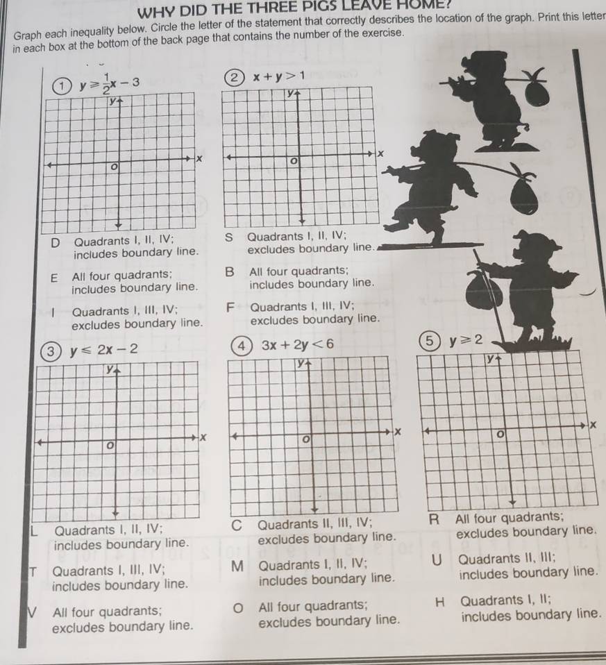 WHY DID THE THREE PIGS LEAVE HOME?
Graph each inequality below. Circle the letter of the statement that correctly describes the location of the graph. Print this letter
in each box at the bottom of the back page that contains the number of the exercise.
1 y≥slant  1/2 x-3
2 x+y>1
D Quadrants I, II, IV; S Quadrants I, II, IV;
includes boundary line. excludes boundary line.
E All four quadrants; B All four quadrants;
includes boundary line. includes boundary line.
I Quadrants I, III, IV; F Quadrants I, III, IV;
excludes boundary line. excludes boundary line.
5 y≥slant 2
3 y≤slant 2x-2
4 3x+2y<6</tex>

L Quadrants I, II, IV; C Quadrants II, III, IV;R All four quadrants;
includes boundary line. excludes boundary line. excludes boundary line.
T Quadrants I, III, IV; M Quadrants I, II, IV; U Quadrants II, III;
includes boundary line. includes boundary line. includes boundary line.
All four quadrants; All four quadrants; H Quadrants I, II;
excludes boundary line. excludes boundary line. includes boundary line.