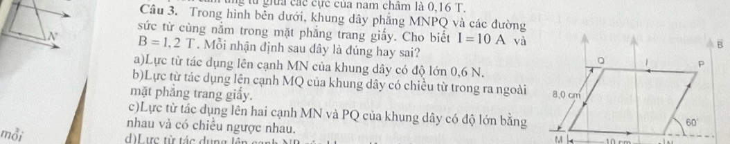 tng từ giữa các cực của nam châm là 0,16 T.
Câu 3. Trong hình bên dưới, khung dây phẳng MNPQ và các đường
sức từ cùng nằm trong mặt phẳng trang giấy. Cho biết I=10A và
B=1,2T
N. Mỗi nhận định sau dây là đúng hay sai?
a)Lực từ tác dụng lên cạnh MN của khung dây có độ lớn 0,6 N.
b)Lực từ tác dụng lện cạnh MQ của khung dây có chiều từ trong ra ngoài
mặt phẳng trang giấy.
c)Lực từ tác dụng lên hai cạnh MN và PQ của khung dây có độ lớn bằng
nhau và có chiều ngược nhau.       c 
mỗi