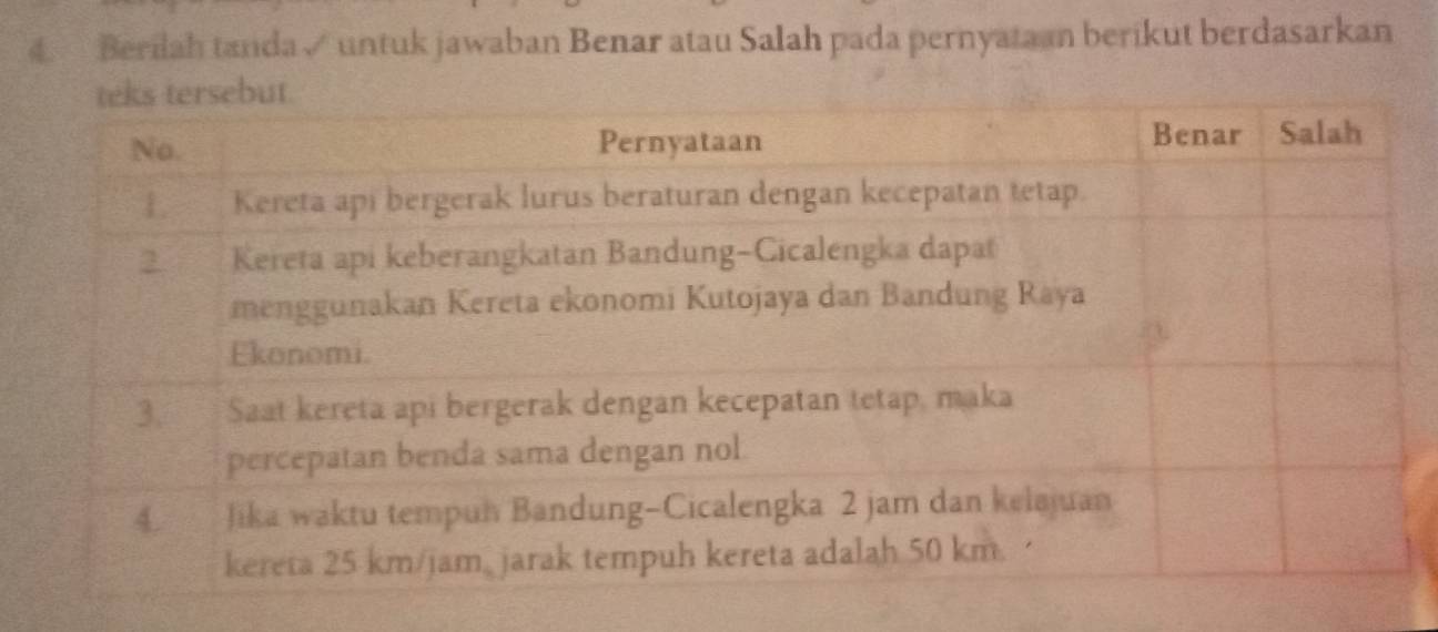 Berilah tanda√ untuk jawaban Benar atau Salah pada pernyataan berikut berdasarkan