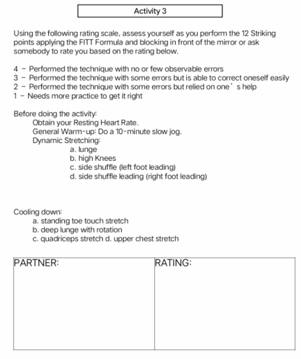 Activity 3
Using the following rating scale, assess yourself as you perform the 12 Striking
points applying the FITT Formula and blocking in front of the mirror or ask
somebody to rate you based on the rating below.
4 - Performed the technique with no or few observable errors
3 - Performed the technique with some errors but is able to correct oneself easily
2 - Performed the technique with some errors but relied on one’s help
1 - Needs more practice to get it right
Before doing the activity:
Obtain your Resting Heart Rate.
General Warm-up: Do a 10-minute slow jog.
Dynamic Stretching:
a. lunge
b. high Knees
c. side shuffle (left foot leading)
d. side shuffle leading (right foot leading)
Cooling down:
a. standing toe touch stretch
b. deep lunge with rotation
c. quadriceps stretch d. upper chest stretch