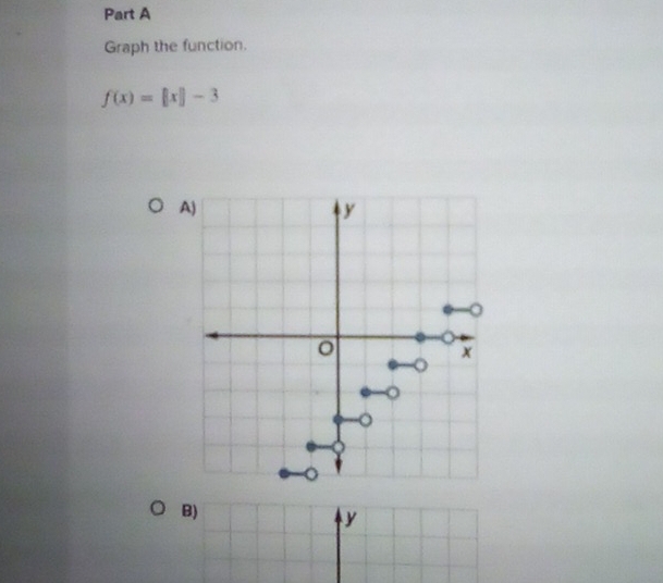 Graph the function.
f(x)=[x]-3
A 
B)
y