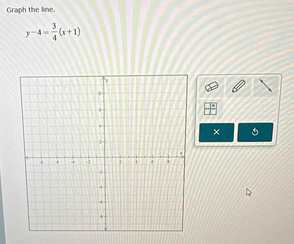 Graph the line.
y-4= 3/4 (x+1)
×