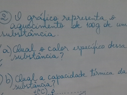 ②① gradice repreeta 
aquecimlente ble 100g one am 
sulultoincia. 
a) Qlual calon especifce dessa 
substancia? 
b)Qluad a capacidade tomica da 
substancia? 
t(^circ C) 8.