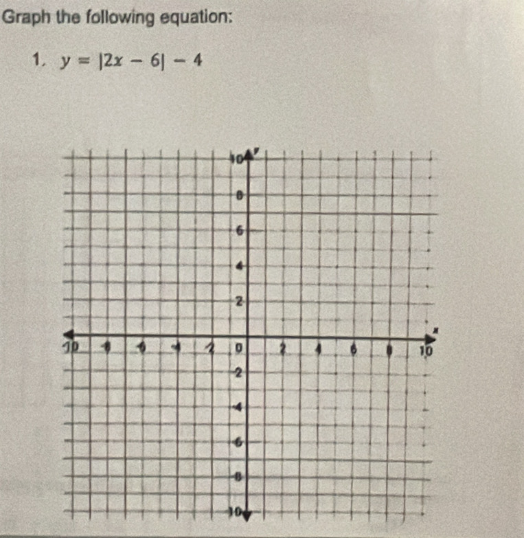 Graph the following equation: 
1. y=|2x-6|-4