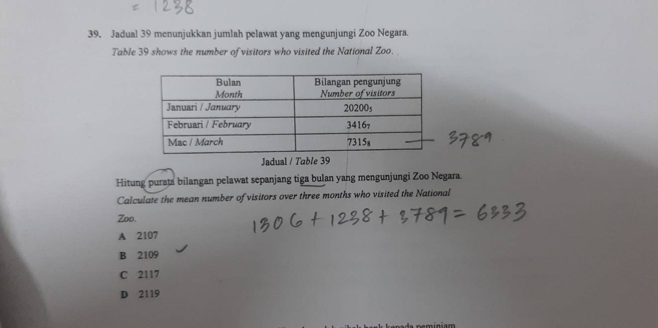 Jadual 39 menunjukkan jumlah pelawat yang mengunjungi Zoo Negara.
Table 39 shows the number of visitors who visited the National Zoo. .
Jadual / Table 39
Hitung purata bilangan pelawat sepanjang tiga bulan yang mengunjungi Zoo Negara.
Calculate the mean number of visitors over three months who visited the National
Zoo.
A 2107
B 2109
C 2117
D 2119
n e m iniam