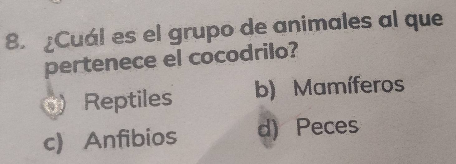 ¿Cuál es el grupo de animales al que
pertenece el cocodrilo?
Reptiles
b) Mamíferos
c) Anfibios
d) Peces