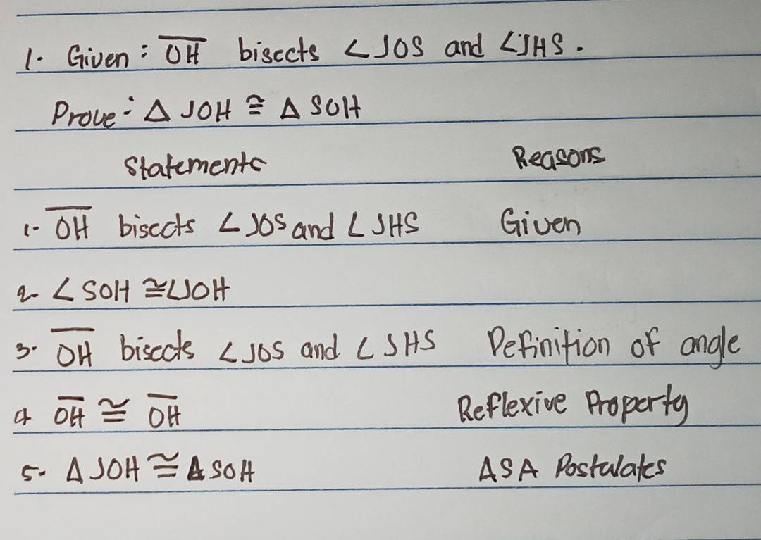 Given: overline OH bisects ∠ JOS and ∠ JHS. 
Prove: △ JOH≌ △ SOH
statements Reasons 
(· overline OH bisccts ∠ 10s and ∠ JHS Given 
a. ∠ SOH≌ ∠ SOH
3. overline OH bisects ∠ JOS and CSHS Definition of angle 
4 overline OH≌ overline OH Reflexive Proparty 
5. △ JOH≌ △ SOH ASA Postulates