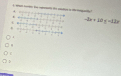 which rumber line represents the solution to the inequality?.
C
.
-2x+10≤ -12x
D
c
D