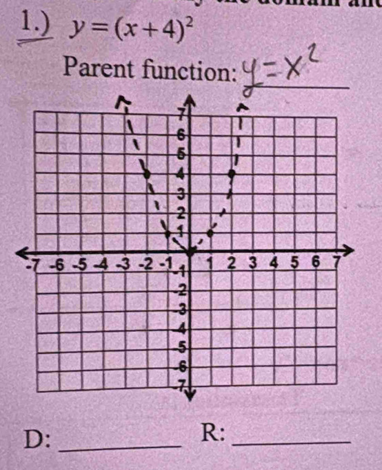 1.) y=(x+4)^2
Parent function: 
D:_ 
R:_