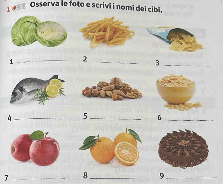 Osserva le foto e scrivi i nomi dei cibi. 
_1 
_2 
_3 
_4 
_5 
_6 
_7 
_8 
_9