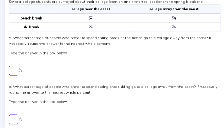 Several college students are surveyed about their college location and preferred locations for a spring break trip. 
a. What percentage of people who prefer to spend spring break at the beach go to a college away from the coast? If 
necessary, round the answer to the nearest whole percent. 
Type the answer in the box below.
□ %
b. What percentage of people who prefer to spend spring break skiing go to a college away from the coast? If necessary, 
round the answer to the nearest whole percent. 
Type the answer in the box below,
□ %