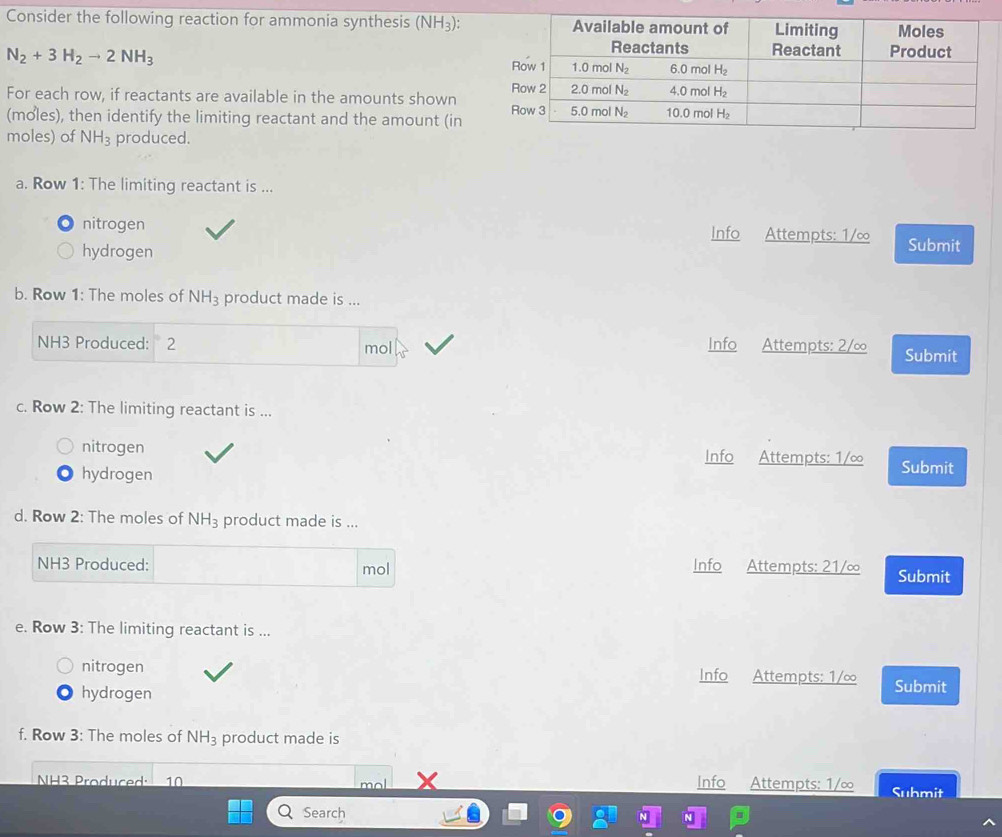 Consider the following reaction for ammonia synthesis (NH_3) :
N_2+3H_2to 2NH_3
For each row, if reactants are available in the amounts shown 
(moles), then identify the limiting reactant and the amount (in
moles) of NH_3 produced.
a. Row 1: The limiting reactant is ...
nitrogen Info Attempts: 1/∞
hydrogen Submit
b. Row 1: The moles of NH_3 product made is ...
NH3 Produced: 2 mol Info Attempts: 2/∞ Submit
c. Row 2: The limiting reactant is ...
nitrogen Info Attempts: 1/∞
hydrogen Submit
d. Row 2: The moles of NH_3 product made is ...
NH3 Produced: mol Info Attempts: 21/∞ Submit
e. Row 3: The limiting reactant is ...
nitrogen Info Attempts: 1/∞
hydrogen Submit
f. Row 3: The moles of NH_3 product made is
NH3 Produced: 10 mol Info Attempts: 1/∞ Submit
Search