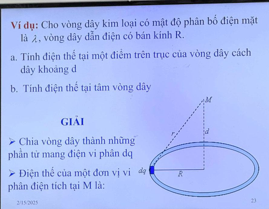 Ví dụ: Cho vòng dây kim loại có mật độ phân bổ điện mặt 
là 2, vòng dây dẫn điện có bán kính R. 
a. Tính điện thể tại một điểm trên trục của vòng dây cách
dây khoảng d 
b. Tính điện thể tại tâm vòng dây
giải 
Chia vòng dây thành những 
phần tử mang điện vi phân dq 
Điện thế của một đơn vị vi 
phân điện tích tại M là: 
2/15/2025 23