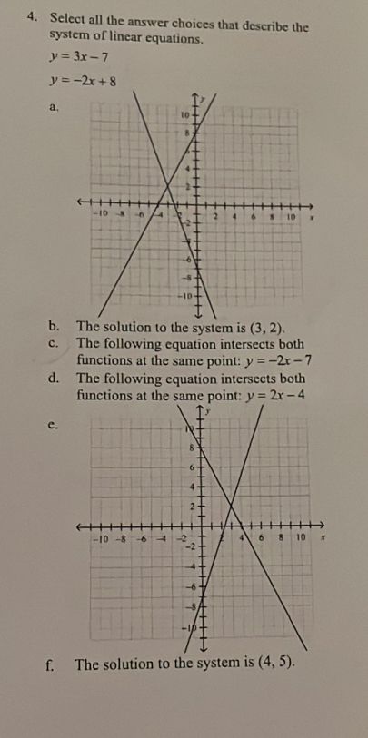 Select all the answer choices that describe the
system of linear equations.
y=3x-7
y=-2x+8
a.
b.solution to the system is (3,2).
c. The following equation intersects both
functions at the same point: y=-2x-7
d. The following equation intersects both
fu
c.
f. The solution to