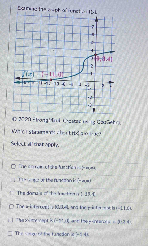 Examine the gra
© 2020 StrongMind. Created using GeoGebra.
Which statements about f(x) are true?
Select all that apply.
The domain of the function is (-∈fty ,∈fty ).
The range of the function is (-∈fty ,∈fty ).
The domain of the function is (-19,4).
The x-intercept is (0,3.4), , and the y-intercept is (-11,0).
The x-intercept is (-11,0) , and the y-intercept is (0,3.4).
The range of the function is (-1,4).