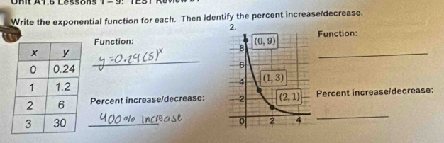 Write the exponential function for each. Then identify the percent increase/decrease.
2.
Function:Function:
_
_
 
_
Percent increase/decrease: Percent increase/decrease:
_