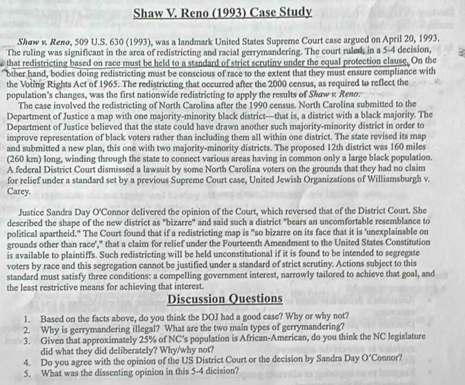 Solved: Shaw V. Reno (1993) Case Study Shaw v. Reno, 509 U.S. 630 (1993 ...