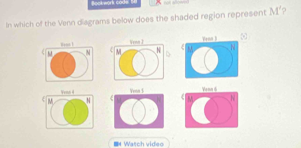 Bookwork code: 5B not allowed 
In which of the Venn diagrams below does the shaded region represent M' ? 
Venn 1
M N
Venn 4
M N
Watch video