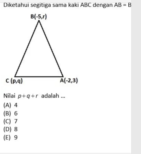 Diketahui segitiga sama kaki ABC dengan AB=B
Nilai p+q+r adalah ...
(A) 4
(B) 6
(C) 7
(D) 8
(E) 9