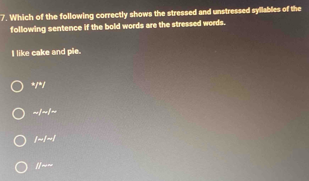 Which of the following correctly shows the stressed and unstressed syllables of the
following sentence if the bold words are the stressed words.
I like cake and pie.
*/*/
~/~/~
/~/~/
/~~