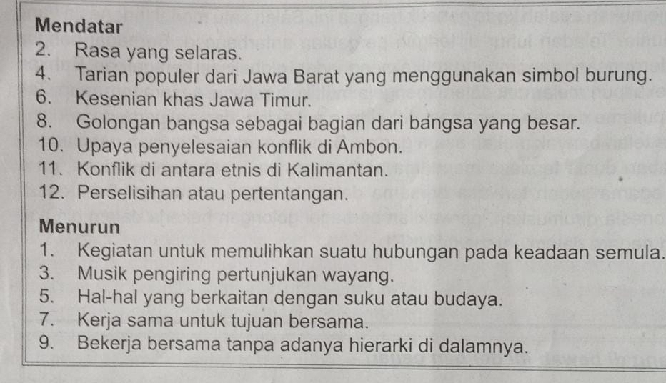 Mendatar 
2. Rasa yang selaras. 
4. Tarian populer dari Jawa Barat yang menggunakan simbol burung. 
6. Kesenian khas Jawa Timur. 
8. Golongan bangsa sebagai bagian dari bangsa yang besar. 
10. Upaya penyelesaian konflik di Ambon. 
11. Konflik di antara etnis di Kalimantan. 
12. Perselisihan atau pertentangan. 
Menurun 
1. Kegiatan untuk memulihkan suatu hubungan pada keadaan semula. 
3. Musik pengiring pertunjukan wayang. 
5. Hal-hal yang berkaitan dengan suku atau budaya. 
7. Kerja sama untuk tujuan bersama. 
9. Bekerja bersama tanpa adanya hierarki di dalamnya.