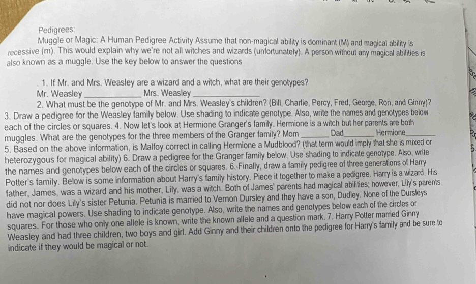 Solved: Pedigrees: Muggle or Magic: A Human Pedigree Activity Assume ...