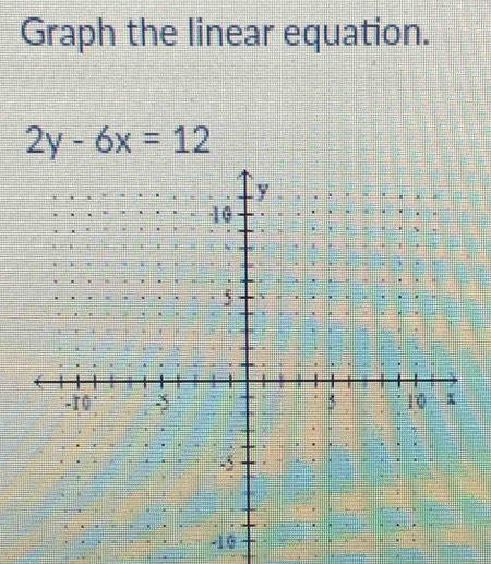 Graph the linear equation.
2y-6x=12