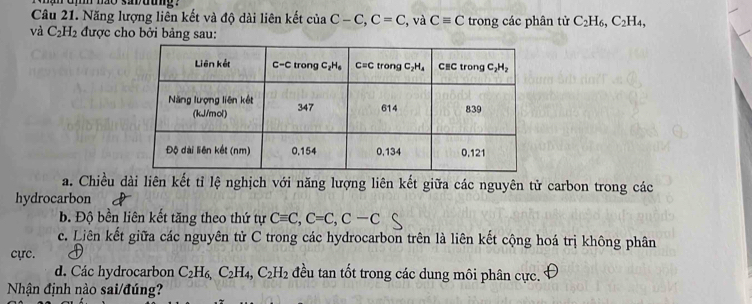 Năng lượng liên kết và độ dài liên kết ciaC-C,C=C
và C_2H_2 được cho bởi bảng sau: , và Cequiv C trong các phân từ C_2H_6,C_2H_4,
a. Chiều dài liên kết tỉ lệ nghịch với năng lượng liên kết giữa các nguyên tử carbon trong các
hydrocarbon
b. Độ bền liên kết tăng theo thứ tự Cequiv C,C=C,C-C
c. Liên kết giữa các nguyên tử C trong các hydrocarbon trên là liên kết cộng hoá trị không phân
cực.
d. Các hydrocarbon C_2H_6,C_2H_4,C_2H_2 đều tan tốt trong các dung môi phân cực.
Nhận định nào sai/đúng?