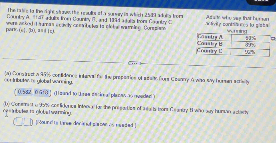 The table to the right shows the results of a survey in which 2589 adults from Adults who say that human 
Country A, 1147 adults from Country B, and 1094 adults from Country C activity contributes to global 
were asked if human activity contributes to global warming. Complete warm 
parts (a), (b), and (c). 
(a) Construct a 95% confidence interval for the proportion of adults from Country A who say human activity 
contributes to global warming. 
( 0.582 , 0.618 ) (Round to three decimal places as needed.) 
(b) Construct a 95% confidence interval for the proportion of adults from Country B who say human activity 
contributes to global warming. 
(Round to three decimal places as needed.)