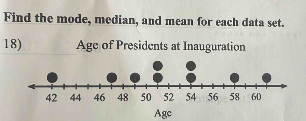 Find the mode, median, and mean for each data set. 
18) Age of Presidents at Inauguration 
Age