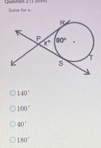 Solve for x.
140°
100°
40°
180°