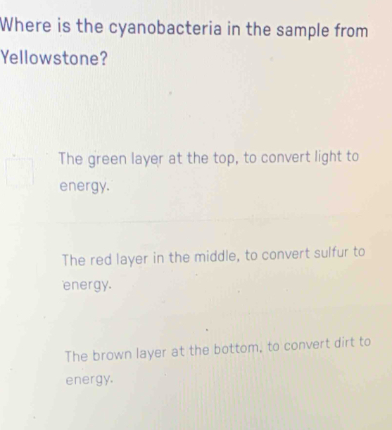 Where is the cyanobacteria in the sample from
Yellowstone?
The green layer at the top, to convert light to
energy.
The red layer in the middle, to convert sulfur to
energy.
The brown layer at the bottom, to convert dirt to
energy.