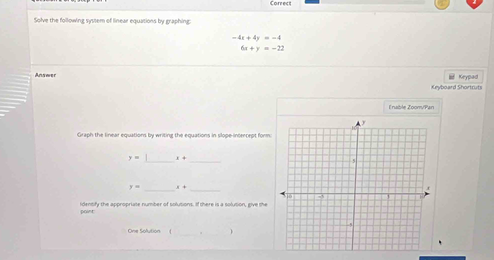 Correct 
Solve the following system of linear equations by graphing:
-4x+4y=-4
6x+y=-22
Answer Keypad 
Keyboard Shortcuts 
Enable Zoom/Pan 
Graph the linear equations by writing the equations in slope-intercept form:
y= _ x+ _
y= _ x+ _ 
Identify the appropriate number of solutions. If there is a solution, give the 
paint: 
_ 
One Solution ( _. )