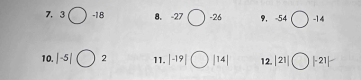 3□  -18 8. -27 □  ) -26 9. -54 bigcirc -14

10. |-5|. 2 11. |-19| |14| 12. |21| bigcirc |-21|