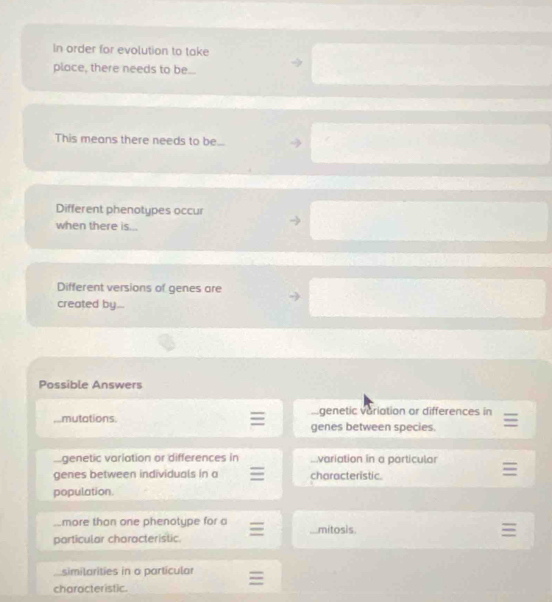 In order for evolution to take
place, there needs to be...
This means there needs to be...
Different phenotypes occur
when there is...
Different versions of genes are
created by...
Possible Answers...genetic variation or differences in
mutations genes between species.
Lgenetic variation or differences in variation in a particular
genes between individuals in a characteristic.
population.
more than one phenotype for a
particular characteristic. mitosis
similarities in o particular
characteristic.