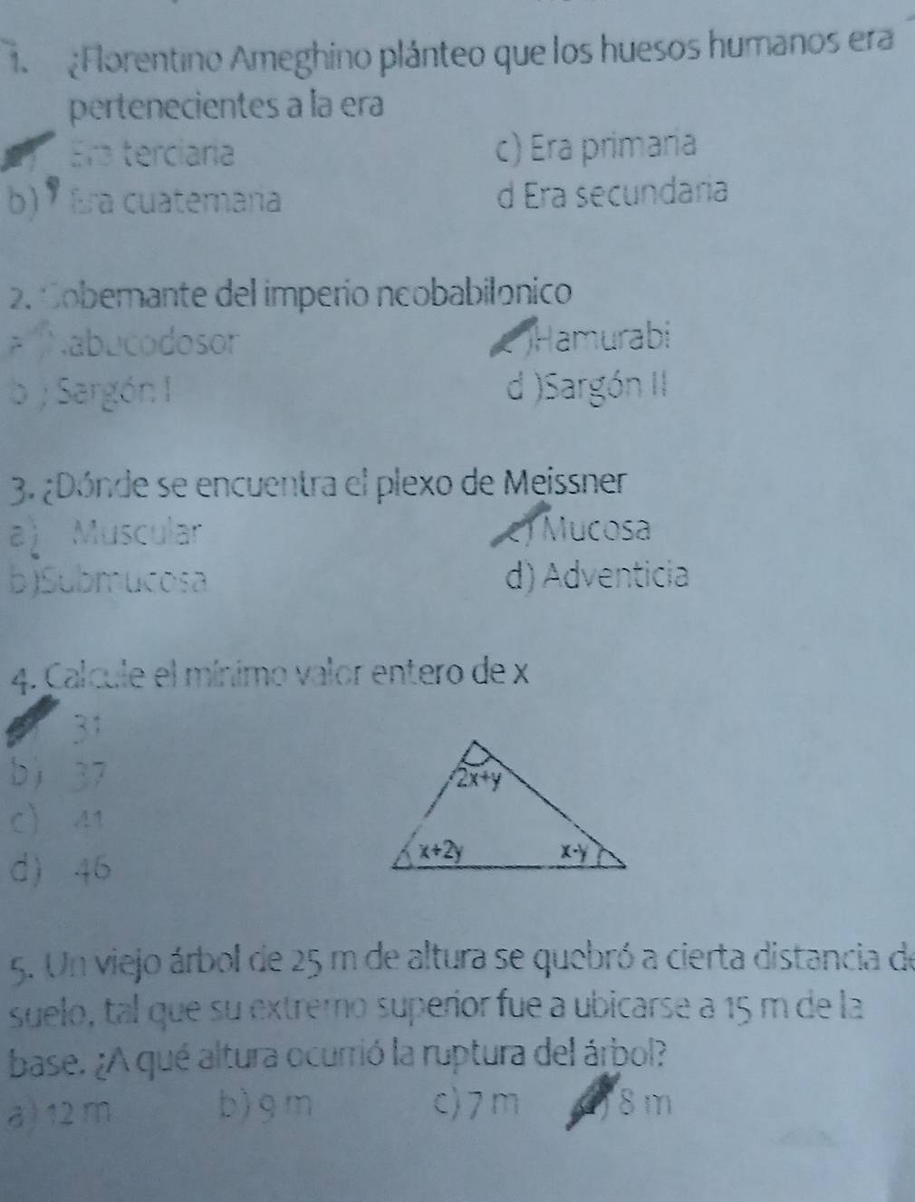 ¿Florentino Ameghino plánteo que los huesos humanos era
pertenecientes a la era
Ela terciaría c) Era primaria
b) Era cuatemaria d Era secundaría
2. Coberante del imperío neobabilónico
* Nabucodosor Hamurabi
b) Sargón I d )Sargón II
3. ¿Dónde se encuentra el plexo de Meissner
a) Muscular c) Mucosa
b)Submucosa d) Adventicia
4. Calcule el mínimo valor entero de x
31
b 37
c 41
d 46
5. Un viejo árbol de 25 m de altura se quebró a cierta distancia de
suelo, tal que su extremo superior fue a ubicarse a 15 m de la
base. ¿A qué altura ocurrió la ruptura del árbol?
a) 12 m b) g m c)7m 8 m