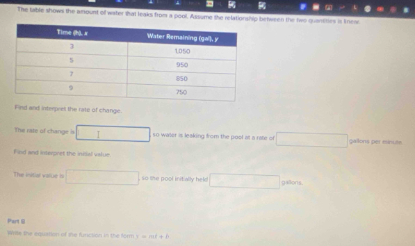 The table shows the amount of water that leaks from a pool. Assume the relationship between the two quantities is linear.
Find and interpret the rate of change.
The rate of change is^(□) □ so water is leaking from the pool at a rate of □ gallons per minute.
Find and interpret the initial value.
The initial value is □ , so the pool initially held □ gallons
Part B
Write the equation of the furiction in the form y=mt+b