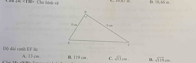 Cal 24: Cho hình vẽ C. 10,6/ m. D. 10,66 m.
Độ dài cạnh EF là:
A. 13 cm. B. 119 cm. C. sqrt(13)cm. D. sqrt(119)cm.