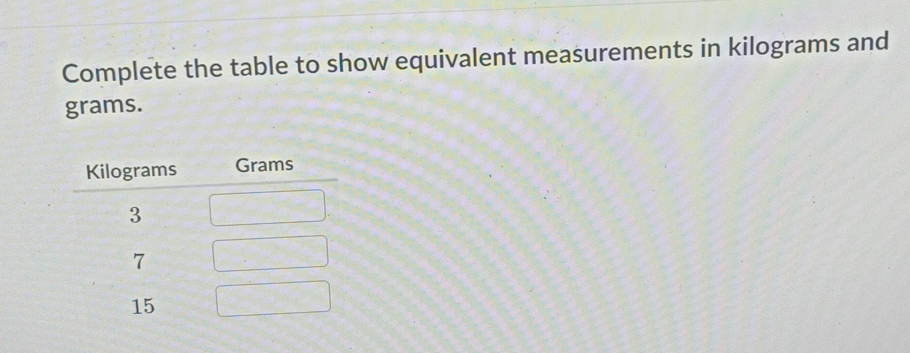 Complete the table to show equivalent measurements in kilograms and
grams.