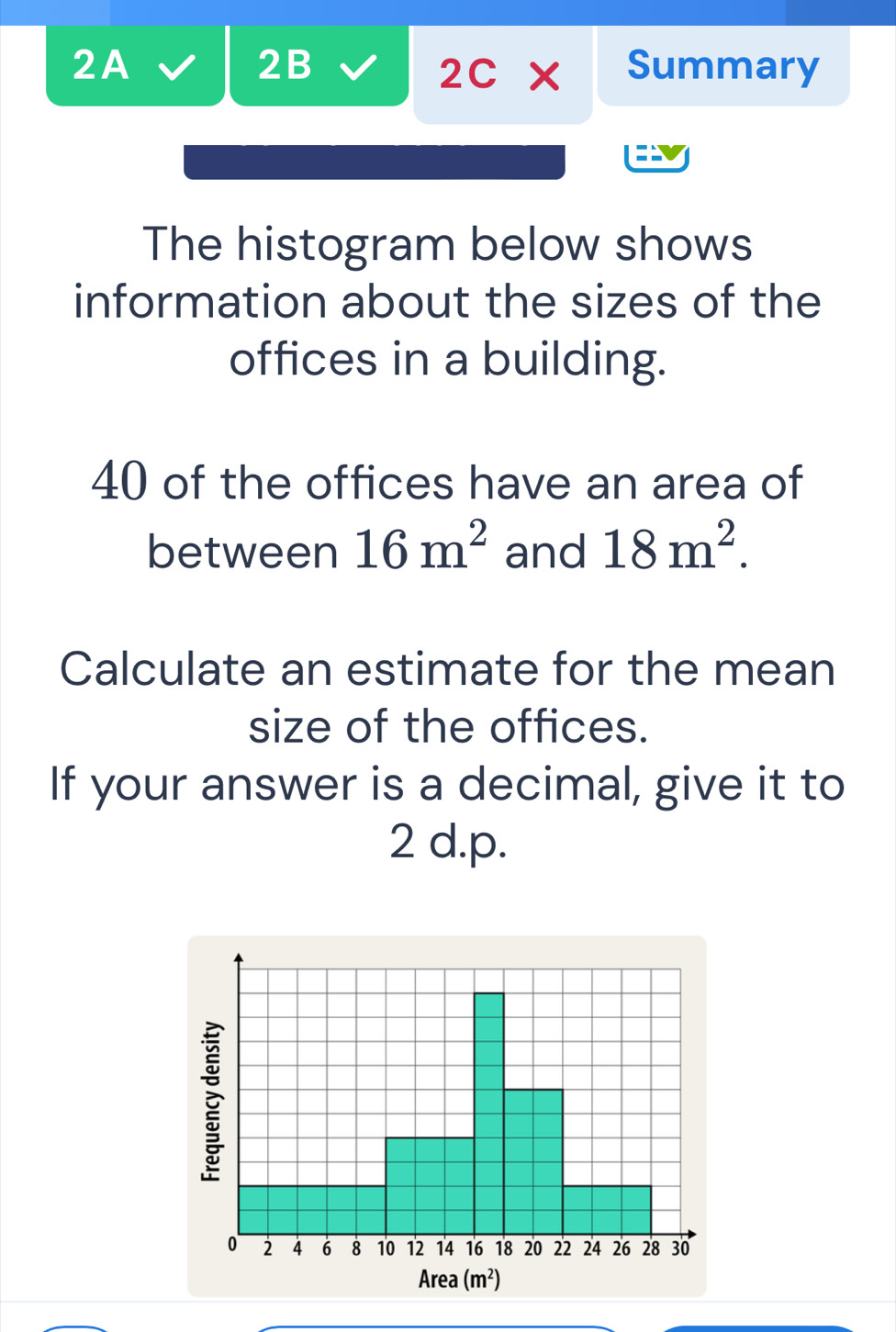 2B
2A Summary
2c*
The histogram below shows
information about the sizes of the
offices in a building.
40 of the offices have an area of
between 16m^2 and 18m^2.
Calculate an estimate for the mean
size of the offices.
If your answer is a decimal, give it to
2 d.p.