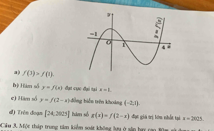 a) f(3)>f(1).
b) Hàm số y=f(x) đạt cực đại tại x=1.
c) Hàm số y=f(2-x) đồng biến trên khoảng (-2;1).
d) Trên đoạn [24;2025] hàm số g(x)=f(2-x) đạt giá trị lớn nhất tại x=2025. 
Câu 3. Một tháp trung tâm kiểm soát không lưu ở sân bay cao 80m sử du